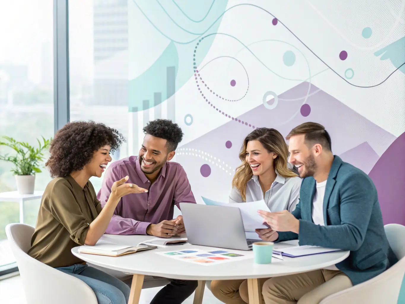An image of a team of professionals brainstorming around a table with charts and growth graphs.