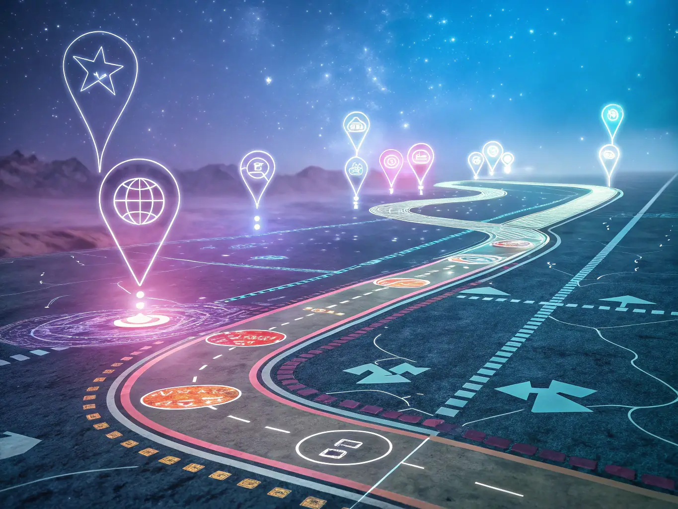 A digital illustration depicting a business roadmap with milestones and growth indicators, symbolizing strategic planning and business development.