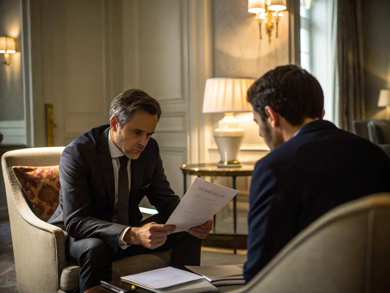 An image showing a professional consultant reviewing regulatory documents with a client in a modern office setting.