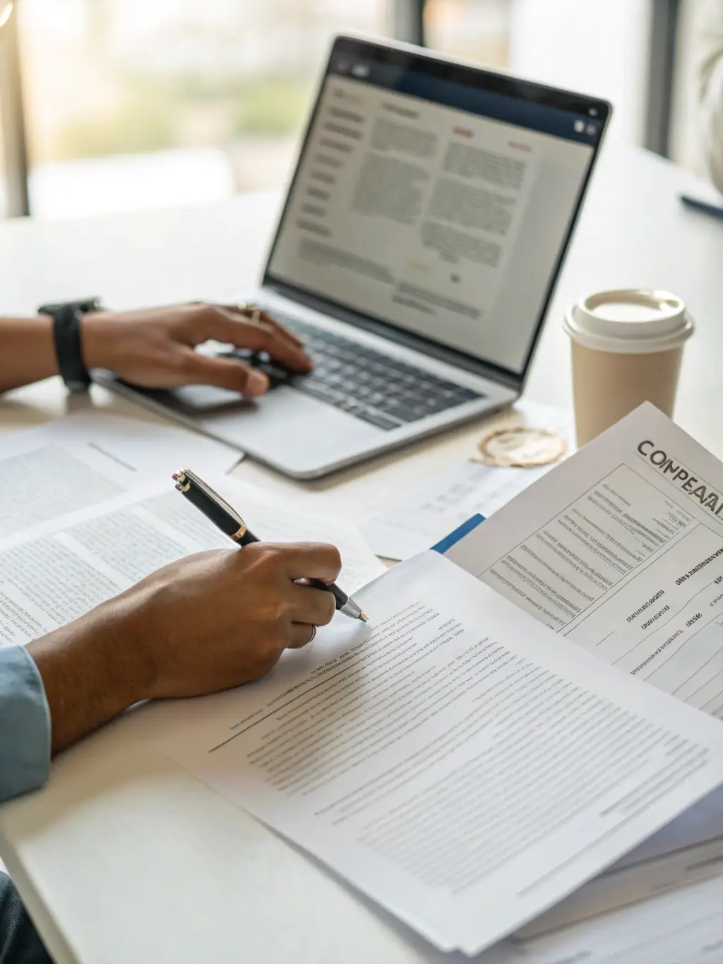 A close-up shot of a consultant's hands reviewing a detailed regulatory document, highlighting the meticulous attention to detail required for compliance.