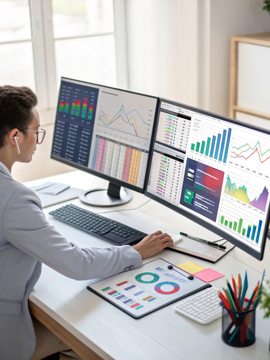 A consultant analyzing data and generating insights, emphasizing NJE Consulting's data-driven approach to problem-solving and decision-making.