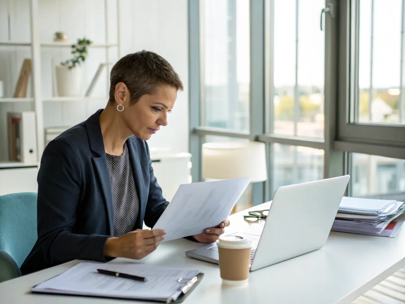 A consultant reviewing compliance documents in a well-lit office, symbolizing NJE Consulting Corp LLC's commitment to ensuring regulatory adherence for its clients.
