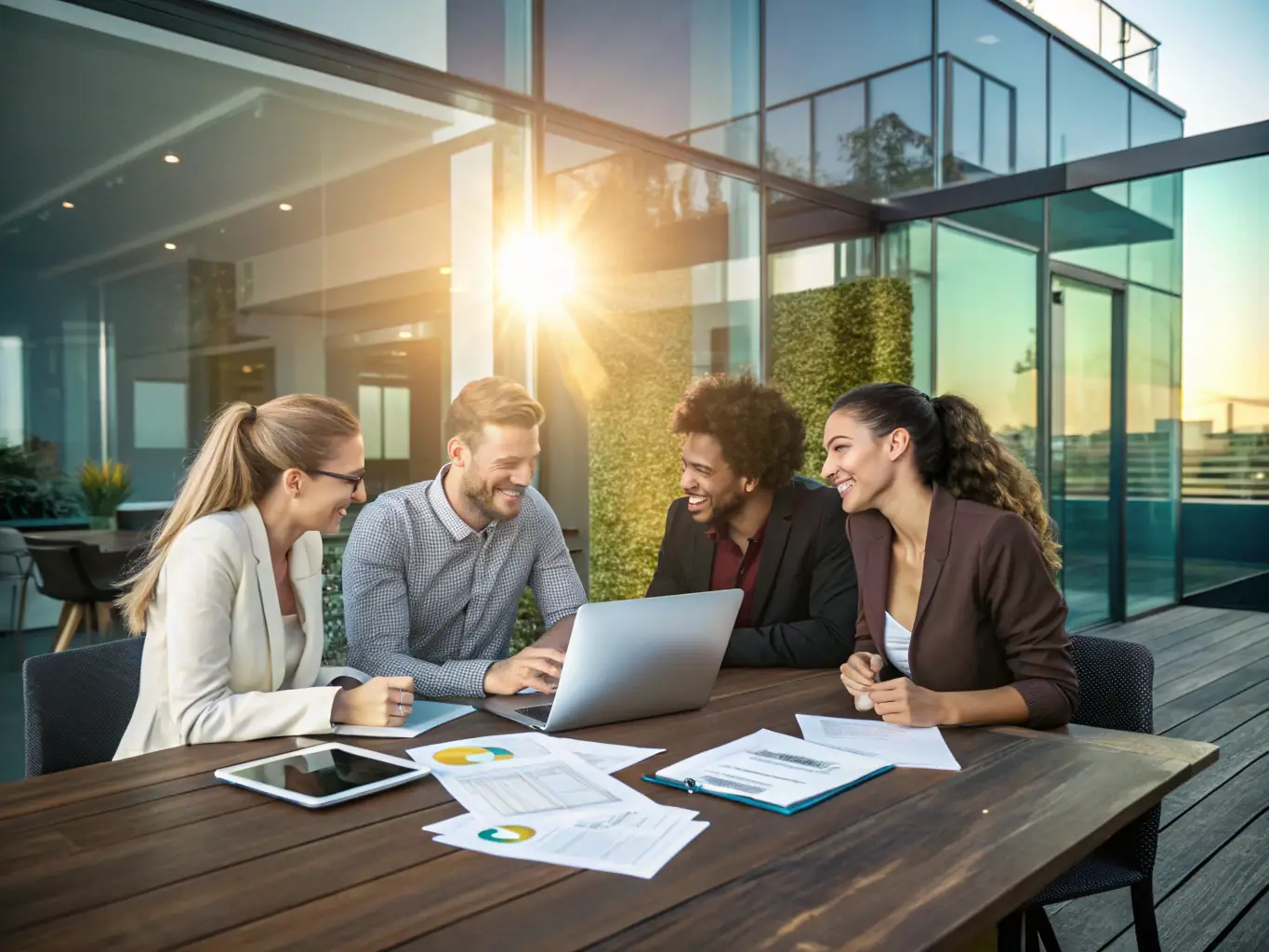 A team of consultants brainstorming growth strategies in a modern office setting, representing NJE Consulting Corp LLC's focus on strategic growth planning.